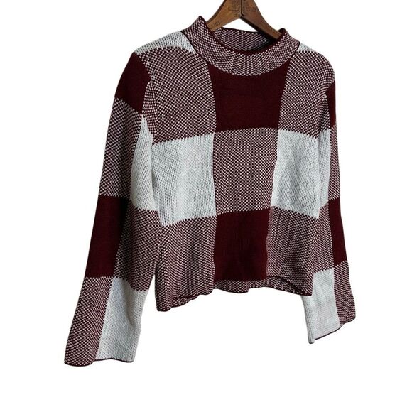 SHEIN Checkered Mock Neck Cropped Pullover Sweater Burgundy White Medium - Picture 4 of 10